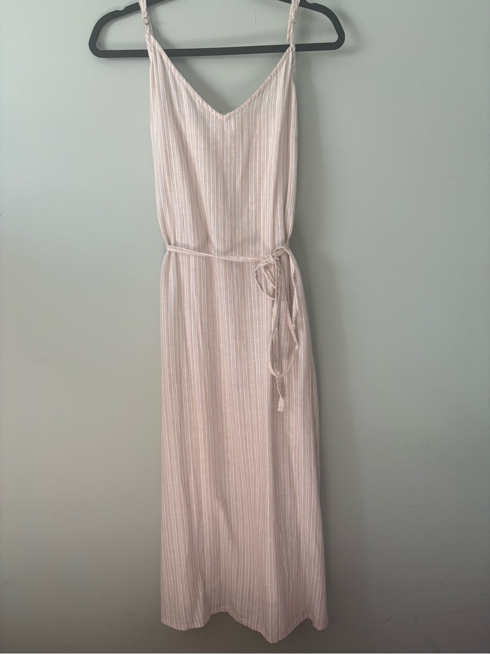 Light Khaki Striped Summer Maxi Dress with Waist Tie